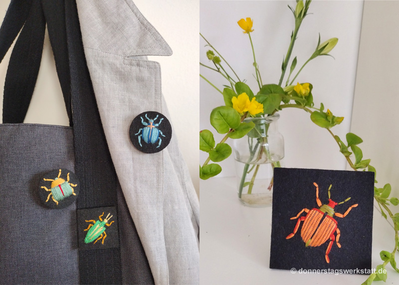 Gestickte Schmuckstücke: Käfer